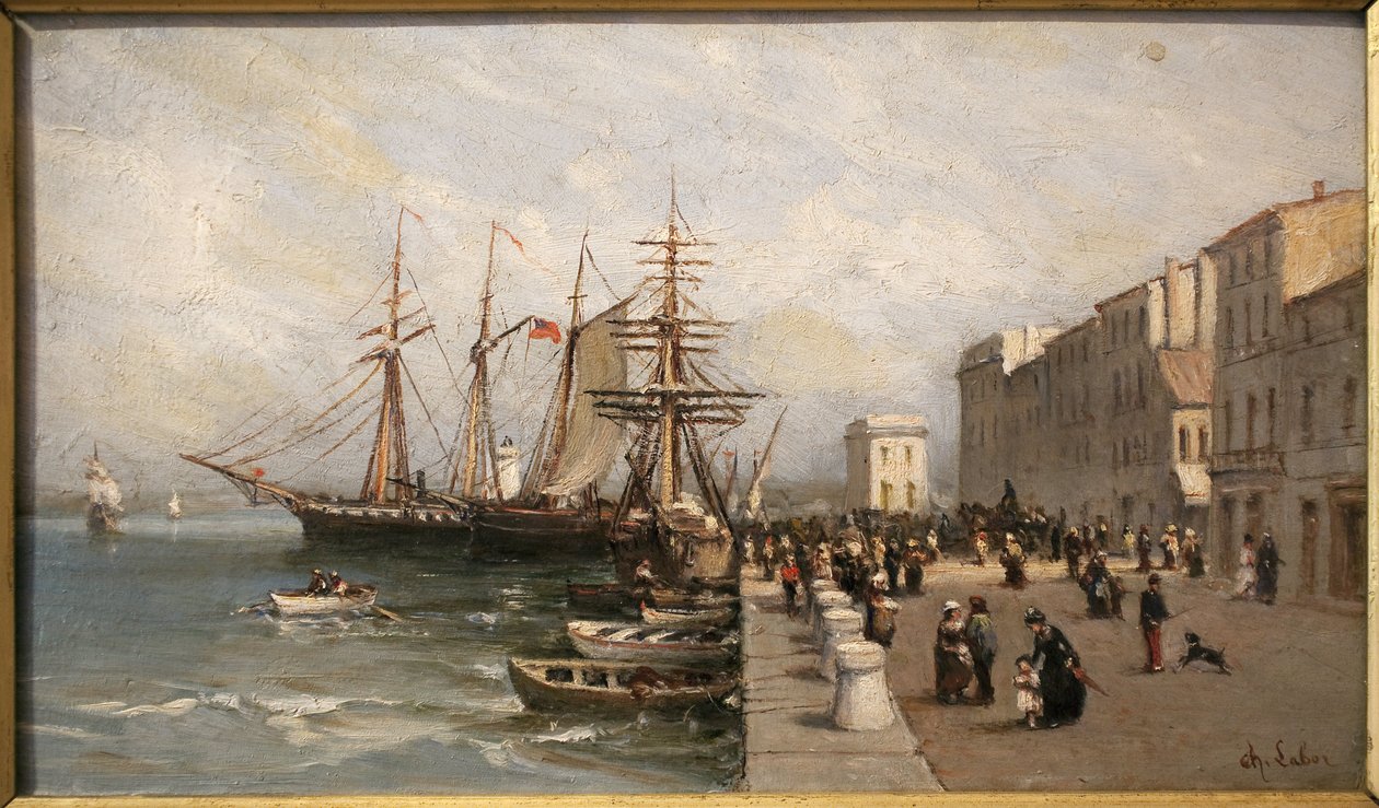 O Quai Saint Pierre e o Edifício da Alfândega em Cannes. Pintura de Charles Labor (1813-1900), óleo sobre tela, início do século XIX. Musée de la Castre, Cannes. de Charles Labor