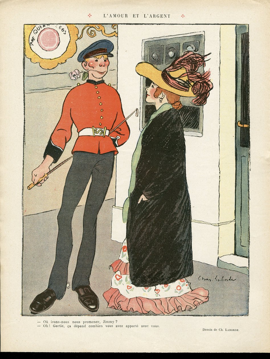 Ilustração de Chas-Laborde (1886-1941) em Le Lire, 27/07/12 - Amor e Dinheiro - Inglaterra Grã-Bretanha, Amor, Moda, Chapéu de Charles Laborde