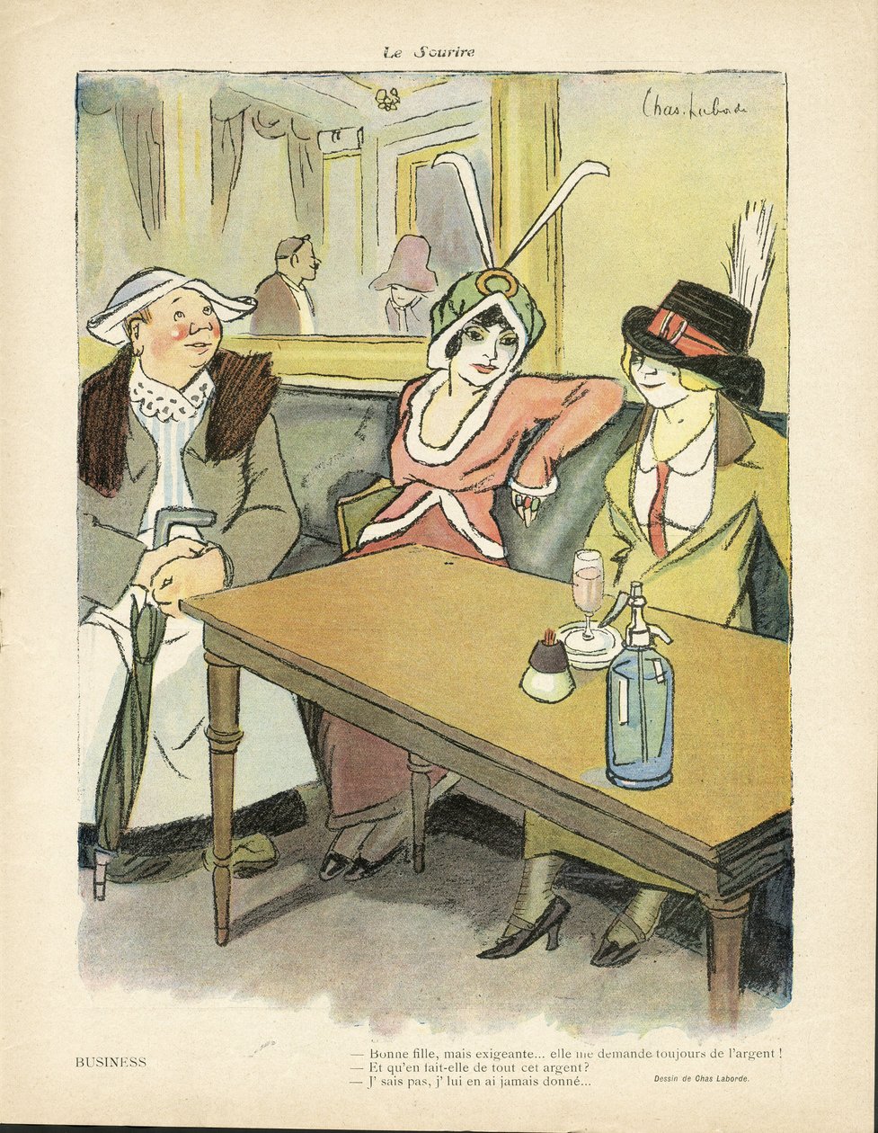 Ilustração de Chas-Laborde (1886-1941) em Le Smile, no 9, 27/02/13 - Negócios - Restaurante Cafés, Moda, Chapéu - Cupidite, Avareza - Mulher de Charles Laborde