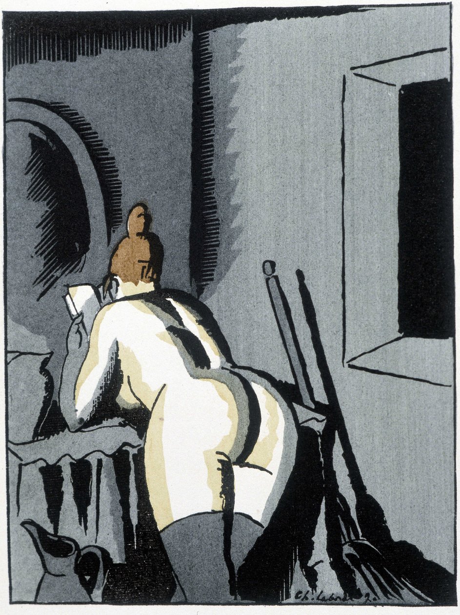 Mulher nua, de volta, lendo - em "Le negre Leonard" de Pierre Mac Orlan, doente. de Chas. Laborde (Charles Laborde) (1886-1941), ed. do estandarte de Charles Laborde