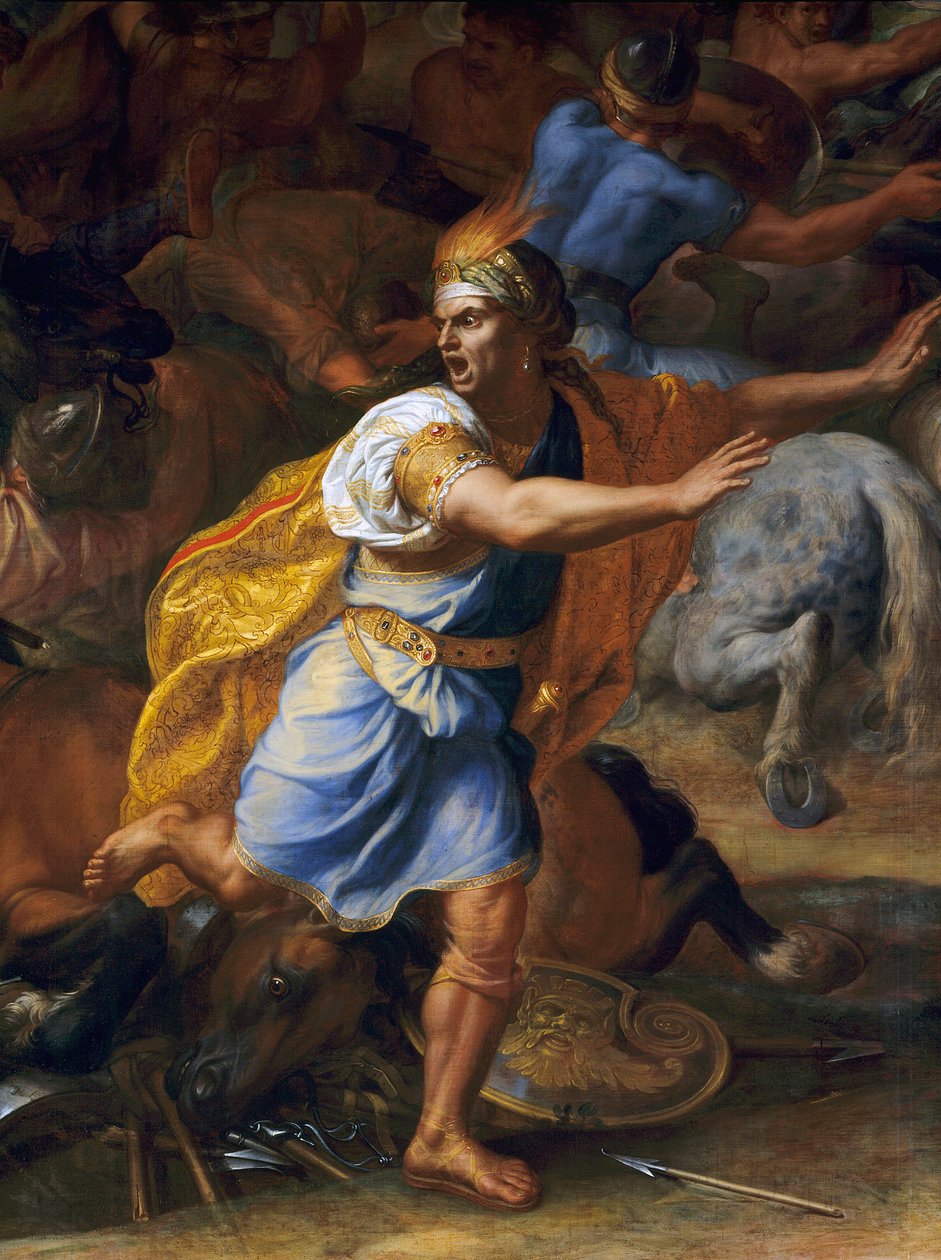 Um homem assustado. Detalhe da Batalha de Arbels (antiquito). Pintura de Charles Lebrun (Le Brun) (1619-1690) de Charles Le Brun