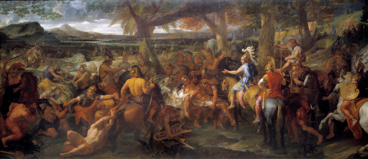 Alexander e Porus. Em 327 AC, Alexandre o Grande continuou a sua conquista para o Vale do Indo. Em 326 AC, ele derrotou Puru (ou Poros, rei da tribo Paurava no século IV AC) e seu exército de elefantes de guerra na Batalha de Hydaspe. Pintura por de Charles Le Brun