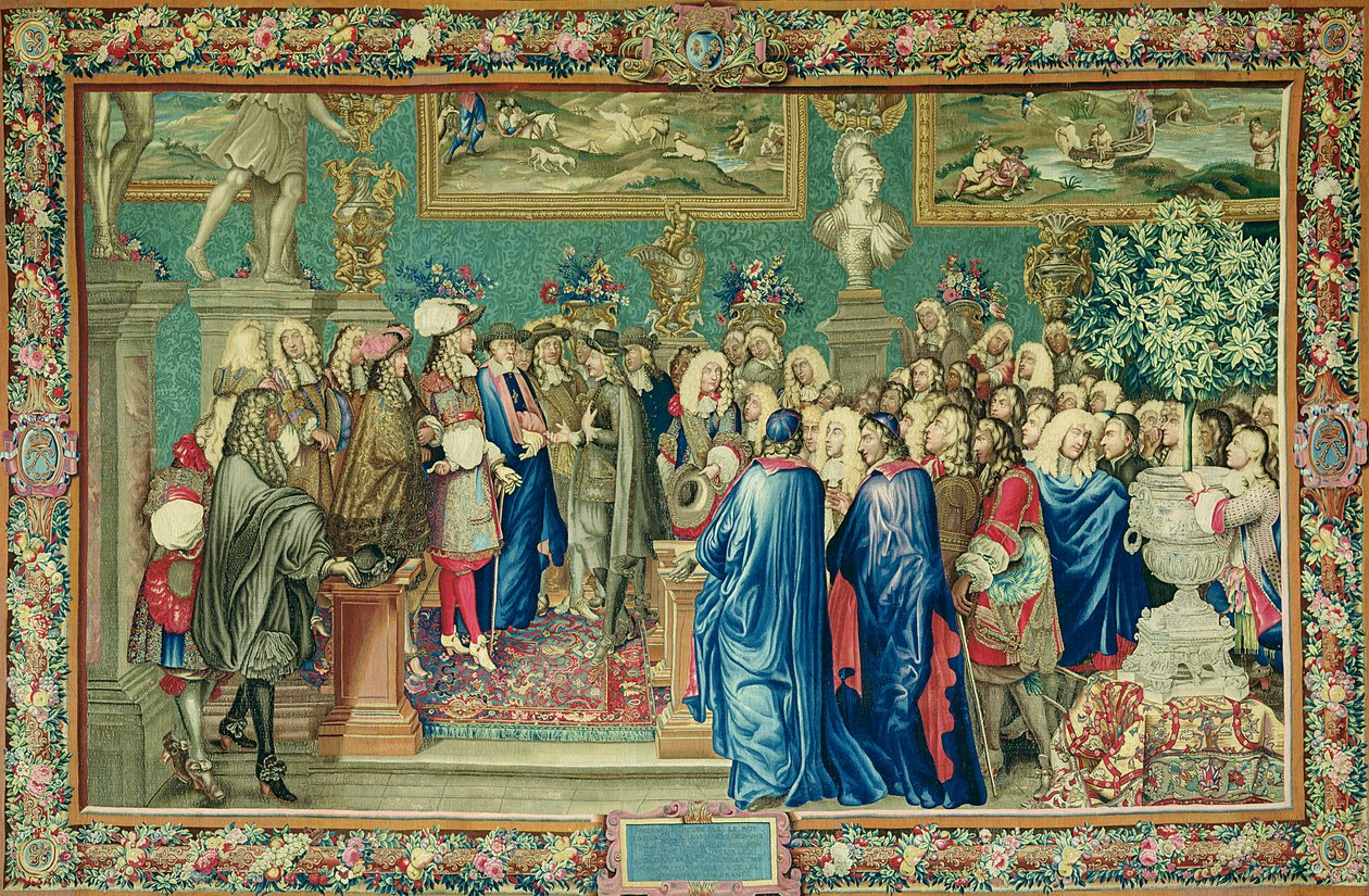 Audiência Concedida por Louis XIV (1638-1715) ao Conde de Fuentes, Embaixador Real de Filipe IV de Espanha, no Louvre, 24 de março de 1662, Oficina de Gobelins (tapeçaria) de Charles Le Brun