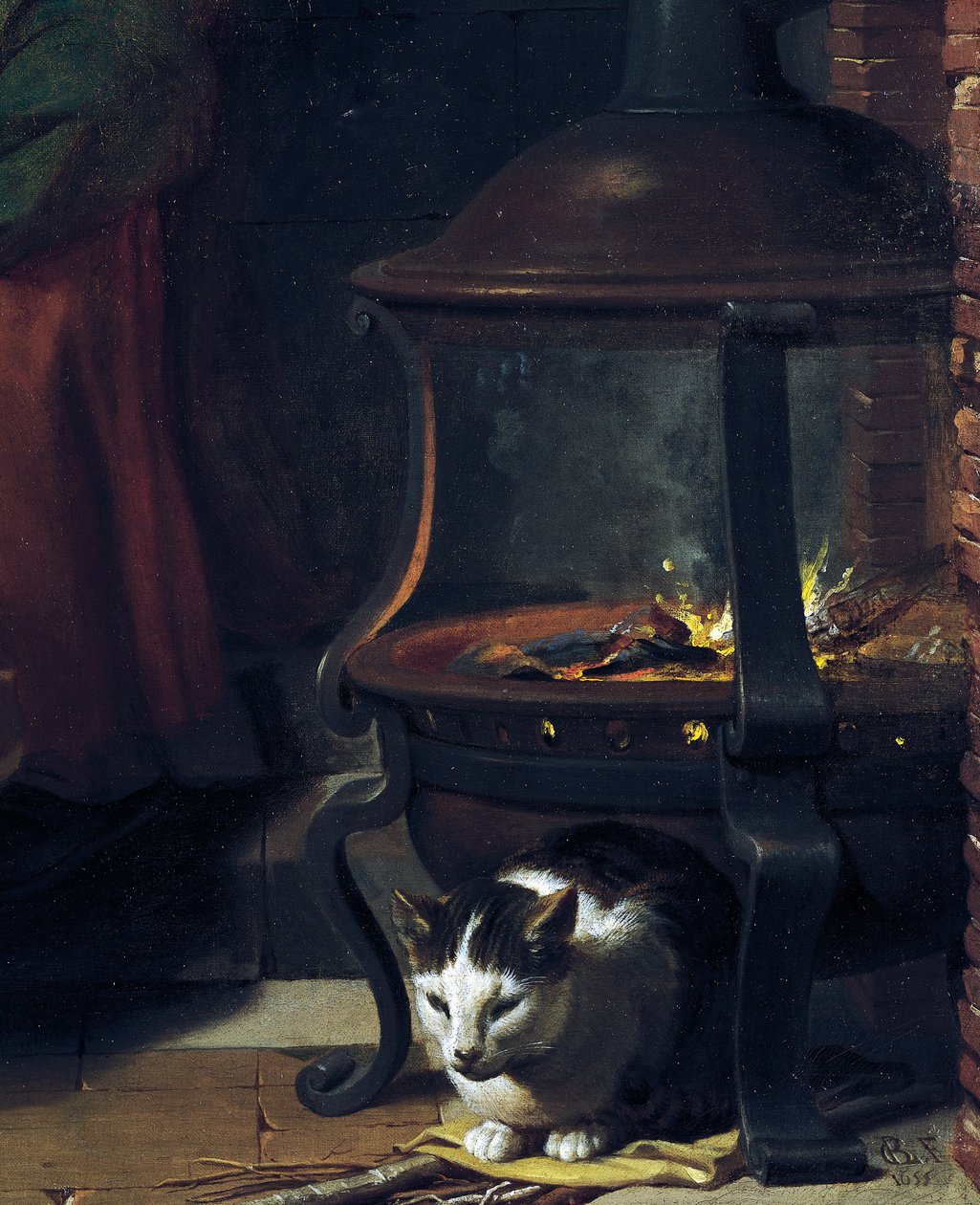 Gato sob braseiro queimado, detalhe do Menino Jesus Dormindo, pintura de Charles Le Brun (1619-1690), óleo sobre tela, 87x118 cm, França de Charles Le Brun