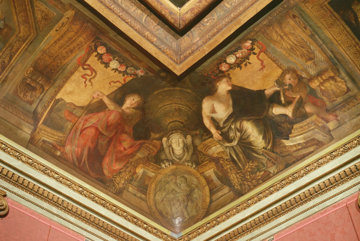 Teto do Hôtel La Rivière detalhe de Erato e Terpsichore, 1653 óleo sobre tela de Charles Le Brun