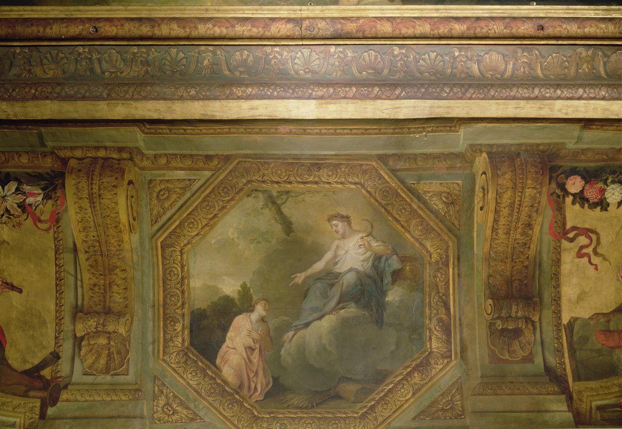 Teto do Hôtel La Rivière detalhe de Psique implorando Ceres, 1653 óleo sobre tela de Charles Le Brun