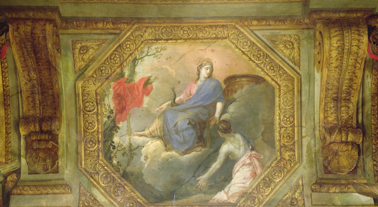 Teto do Hôtel de La Rivière detalhe de Psique implorando Juno, 1653 óleo sobre tela de Charles Le Brun