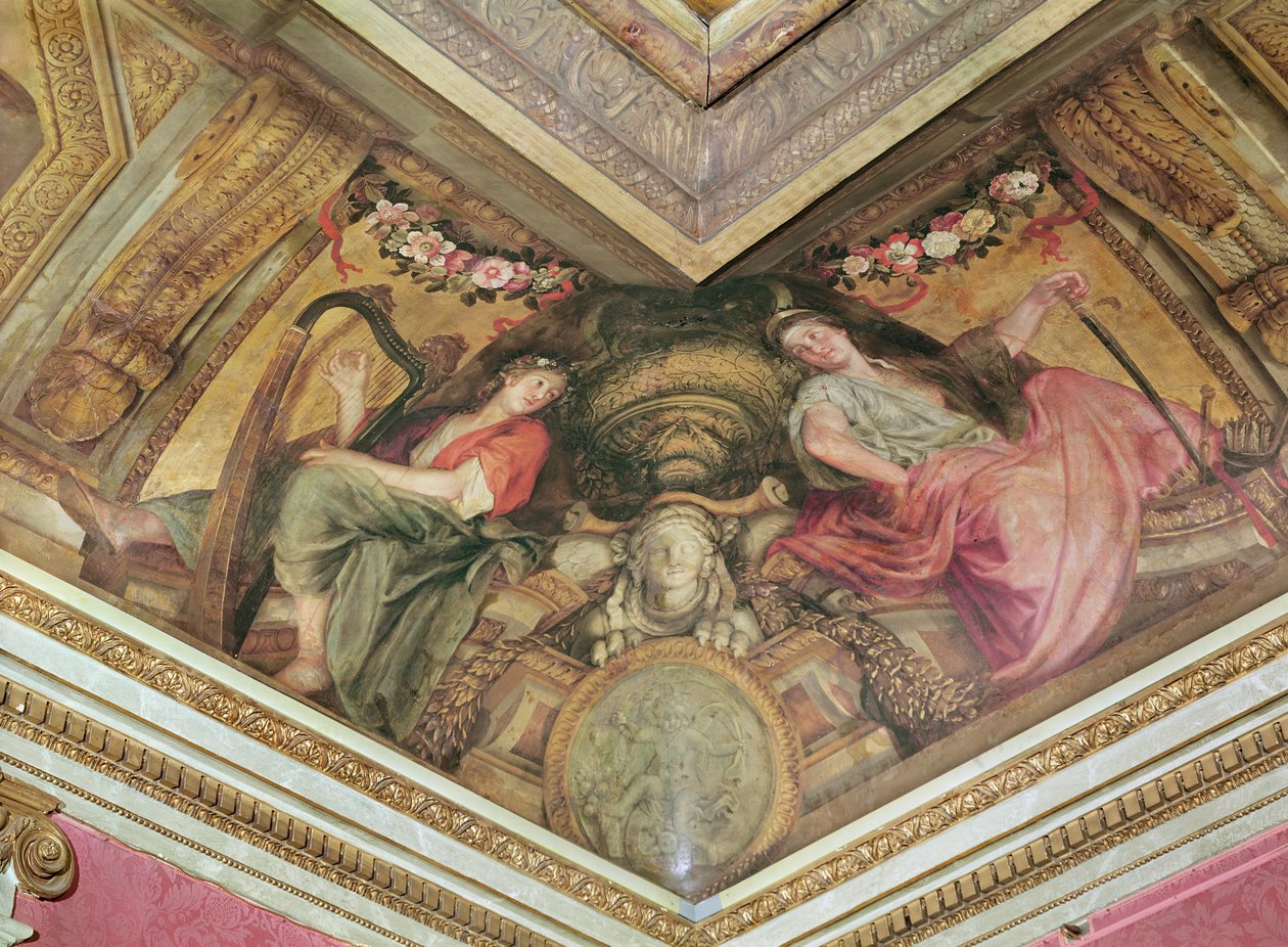 Teto do Hôtel de l&39;Abbé de La Rivière: As Musas Polimínia e Melpomene, 1653 de Charles Le Brun
