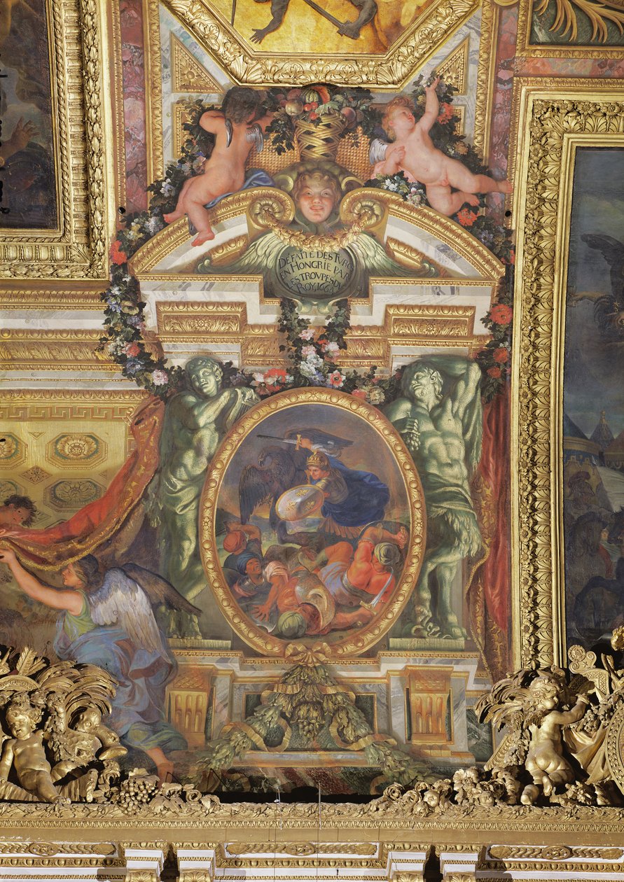 Derrota dos turcos na Hungria pelas tropas do rei em 1664, pintura de teto da Galerie des Glaces de Charles Le Brun