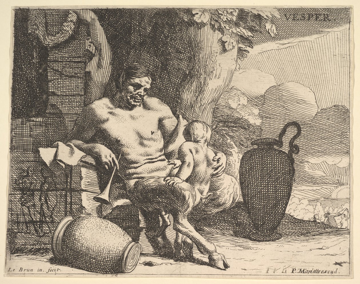Noite: um sátiro sentado aperta seu filho, uma figura pendura uma guirlanda em um píer além, f ..., ca. 1640 de Charles Le Brun