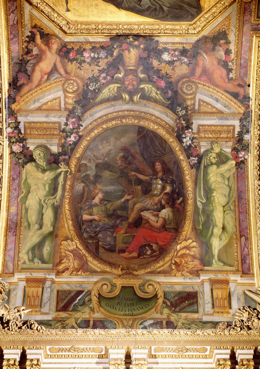 Ordem Financeira recuperada em 1662, pintura de teto da Galerie des Glaces de Charles Le Brun
