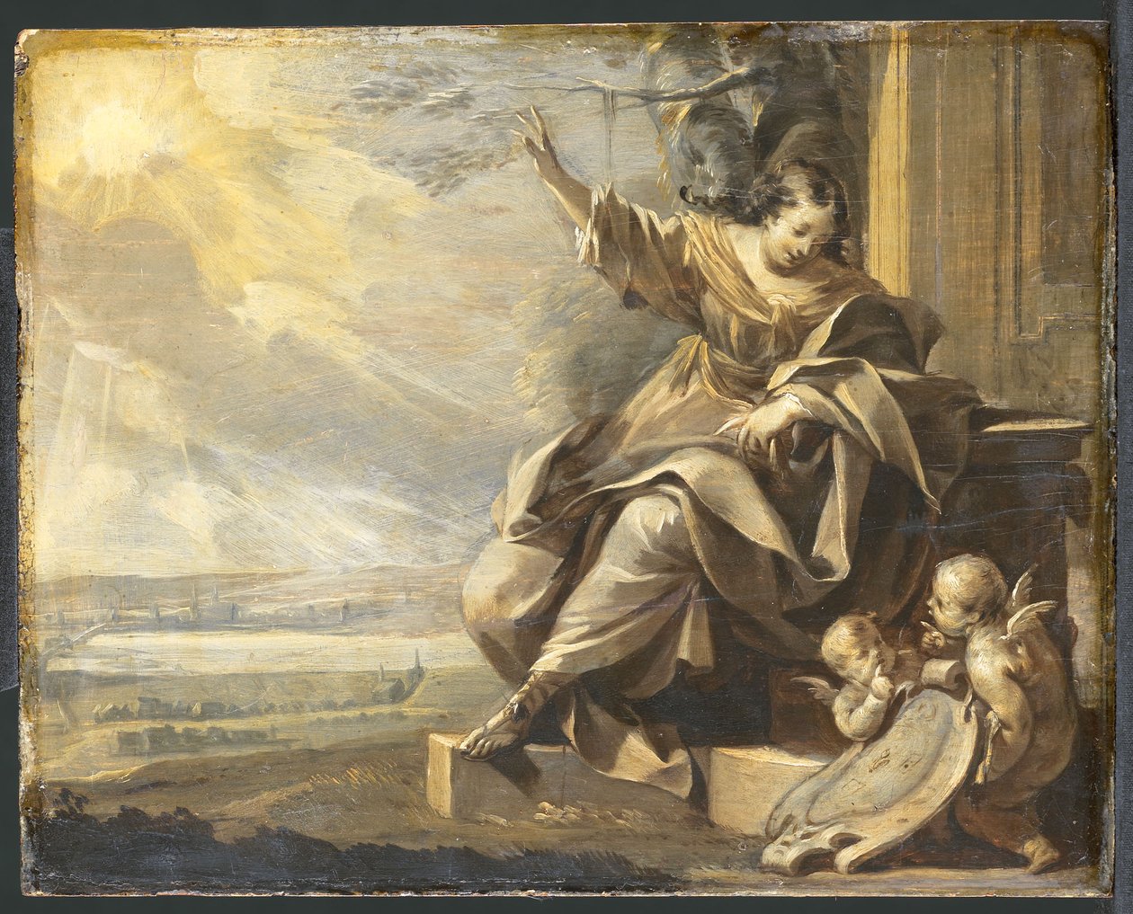 Alemão: Figura feminina sentada com dois putti e paisagem fluvial, grisaille Figura feminina alegórica com dois putti de Charles Le Brun