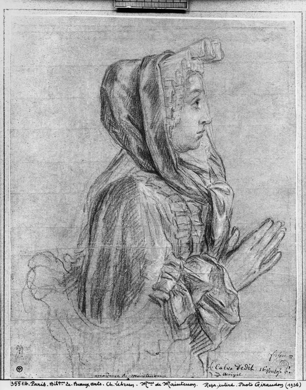 Metade do comprimento, perfil, de, um, mulher, com, mãos apertaram, sabido, como, madame, de, Maintenon, (pierre, noire, und, chalk, ligado, marrom, paper) de Charles Le Brun