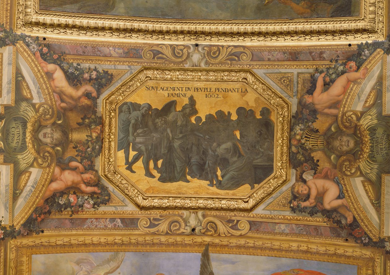 Ajudando o povo durante a fome de 1662, pintura de teto da Galerie des Glaces de Charles Le Brun
