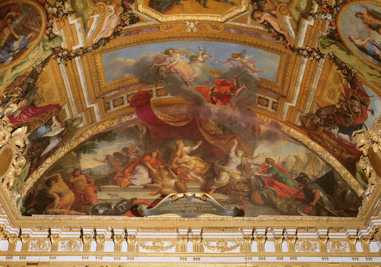 Holanda aceita a paz e se destaca do Sacro Império Romano e da Espanha em 1678, pintura de teto da Galerie des Glaces de Charles Le Brun