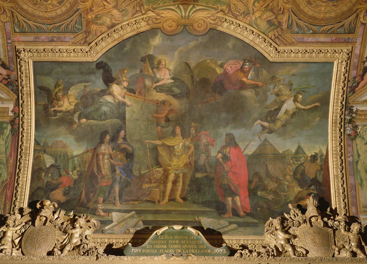 O rei Luís XIV (1638-1715) dá ordens para atacar simultaneamente quatro das mais fortes posições holandesas em 1672, pintura de teto da Galerie des Glaces de Charles Le Brun