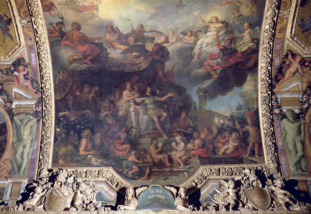 Rei Luís XIV (1638-1715) governando sozinho em 1661, pintura de teto da Galerie des Glaces de Charles Le Brun