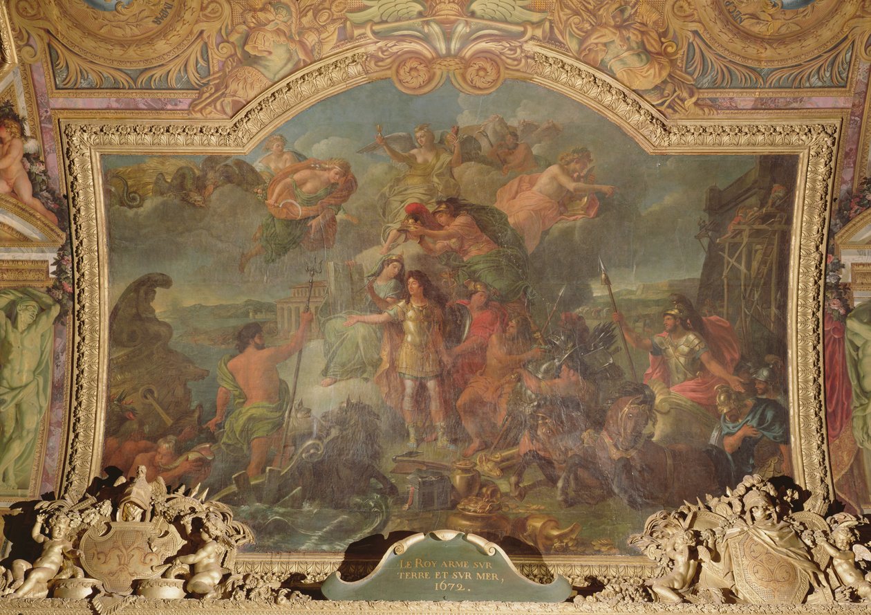 Rei Louis XIV (1638-1715) pegando armas na terra e no mar em 1672, pintura de teto da Galerie des Glaces de Charles Le Brun