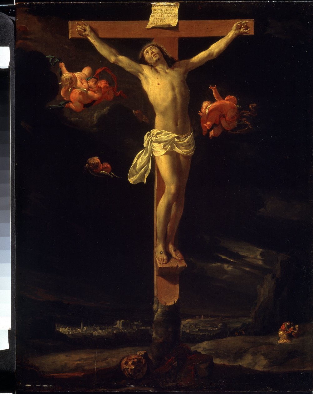 A Crucificação (A Crucificação). Pode-se ler a inscrição latina na cruz ""His est iesus rex iudeorum"" (Este é Jesus, o rei dos judeus). Pintura de Charles Le Brun (1619-1690) de Charles Le Brun