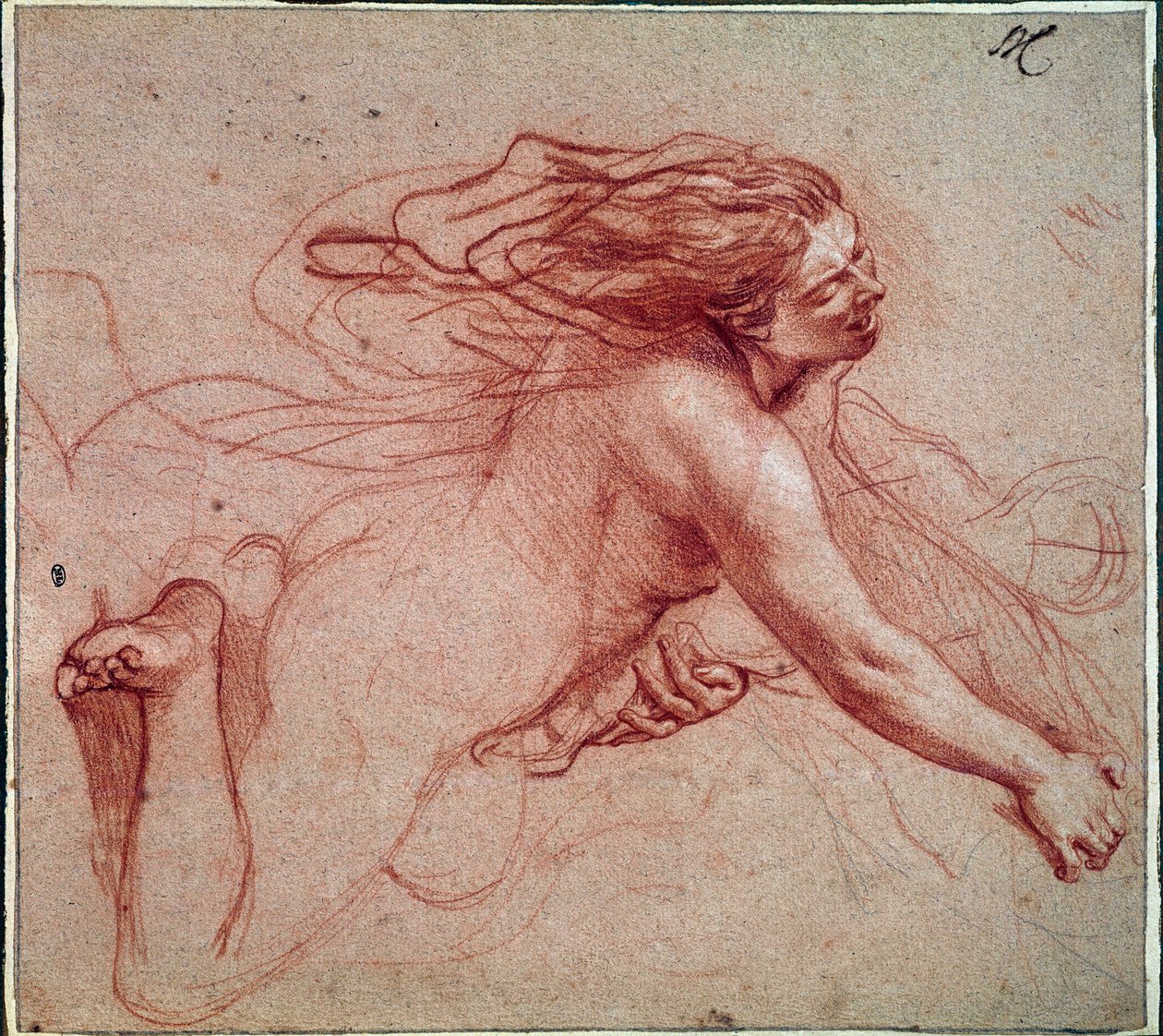 Mulher nua de joelhos. Desenho de Charles Lebrun de Charles Le Brun