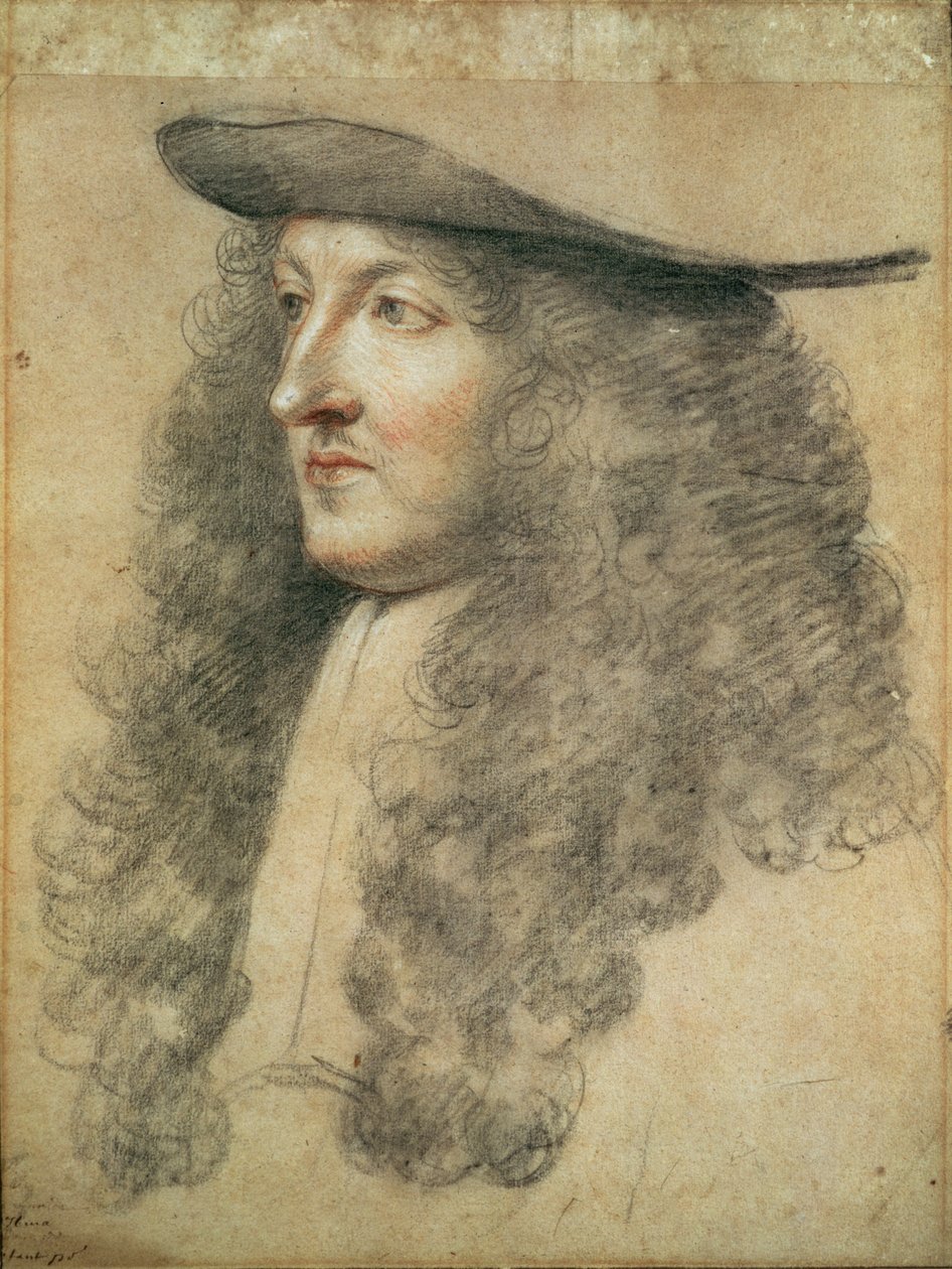 Cabeça de retrato do rei Luís XIV, c.1663 (giz preto, vermelho e branco sobre papel) de Charles Le Brun