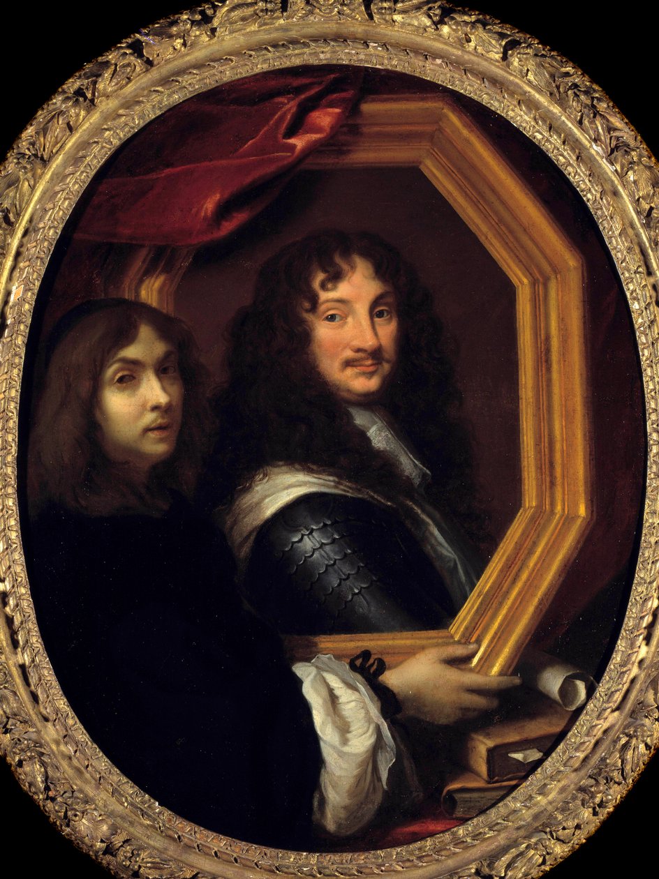 Retrato do artista (ou auto-retrato) apresentando o de uma Pintura militar de Charles Lebrun (Le Brun) (1619-1690) Sol do século XVII. 1,04x0,85 m - Retrato do artista (ou auto-retrato) segurando o retrato de um militar. Pintura de Charles Lebru de Charles Le Brun