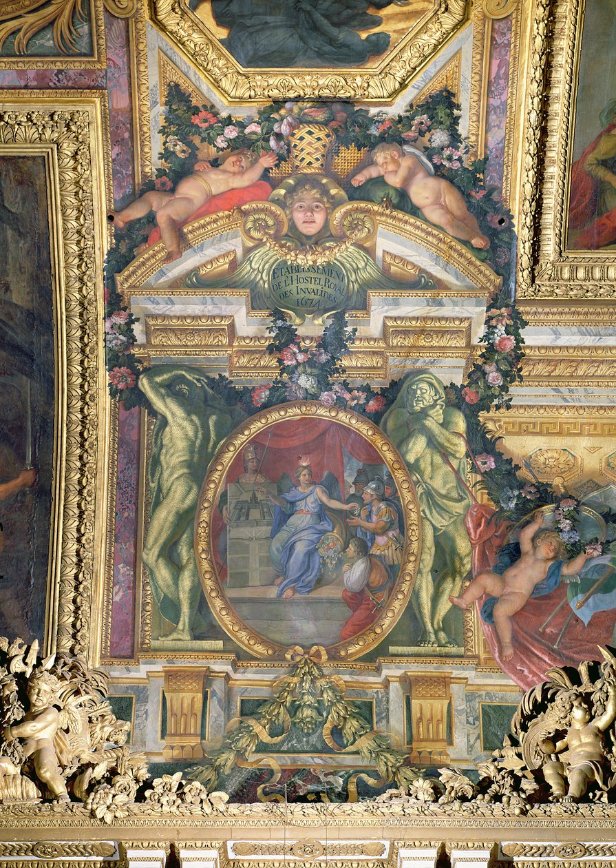 A Fundação do Hotel Royal des Invalides em 1674, pintura de teto da Galerie des Glaces de Charles Le Brun