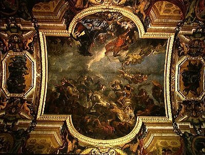 Vista de O Rei Tomando Maastricht em Treze Dias em 1673 e a Passagem do Reno na Presença dos Inimigos em 1672, pintura do tecto da Galerie des Glaces de Charles Le Brun