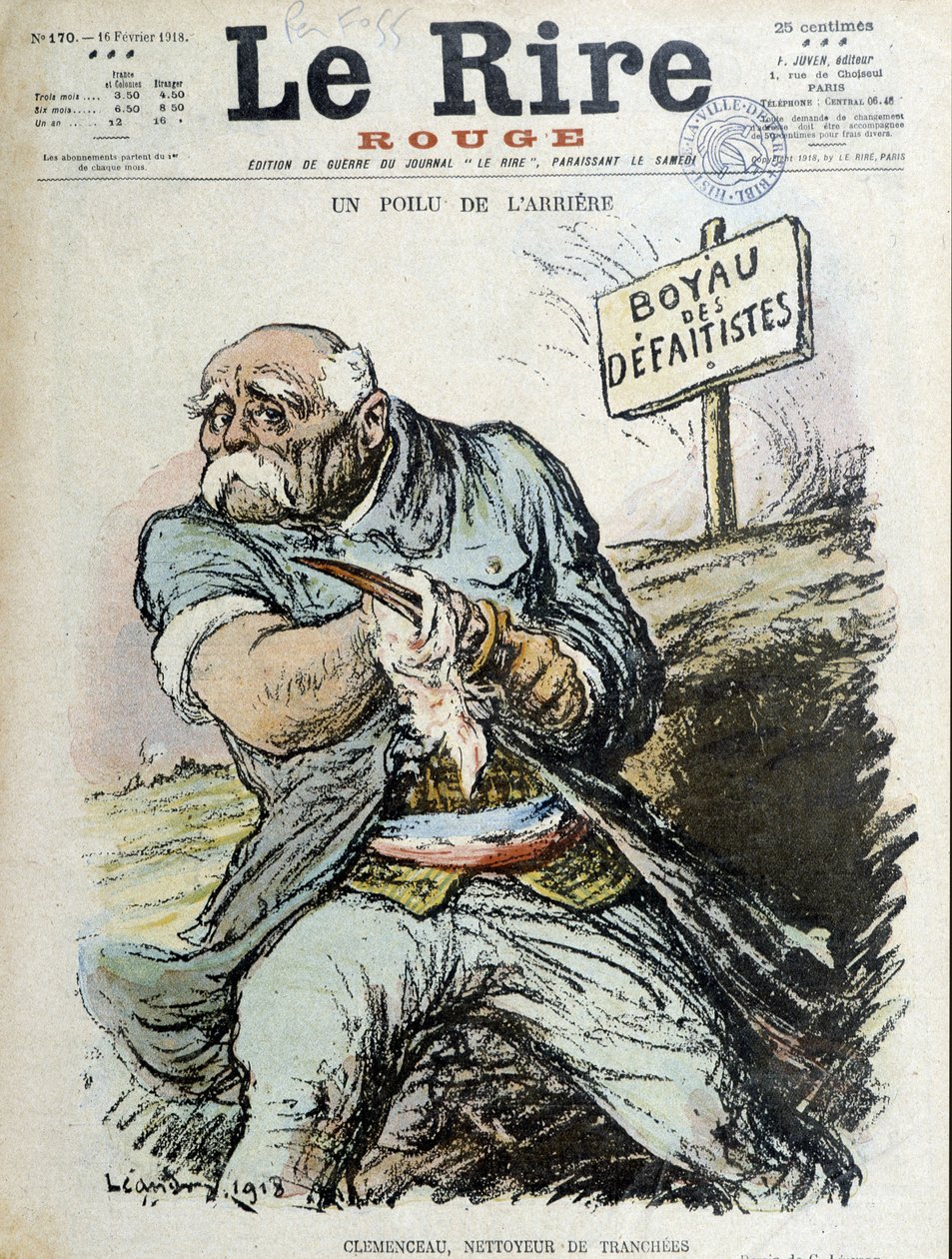 Um traseiro peludo: Clemenceau, limpador de trincheiras. Capa "The Laughter" de 16/02/1918 de Charles Leandre