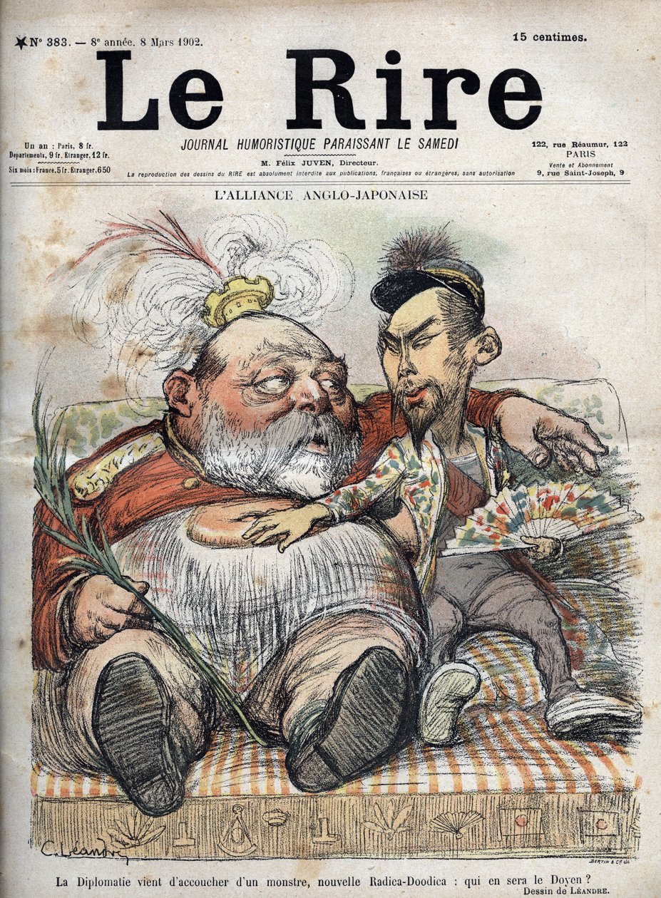 Aliança Anglo-Japonesa (Japanese Anglo 1902) A diplomacia acaba de dar à luz um monstro, o novo Radica-Doodica: quem será o Reitor? - Rei Eduardo VII - CARICATURA 1902 por Charles LEANDRE (1862-1934) para The Laughter de Charles Leandre