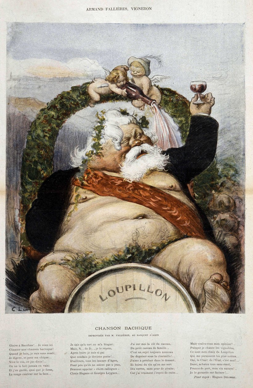 Armand Fallières, enólogo: caricatura de Fallières en Bacchus (Bacco) - em "" le Laughter "" de Out. 1906 de Charles Leandre