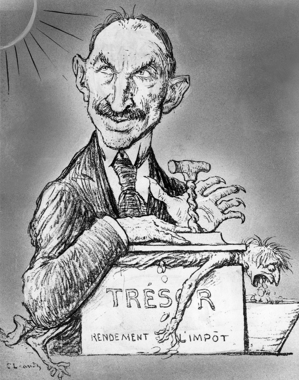 Desenho animado por Charles Leandre do ministro das Finanças francês Charles de Lasteyrie publicado no jornal Le Rire de 26 de novembro de Charles Leandre