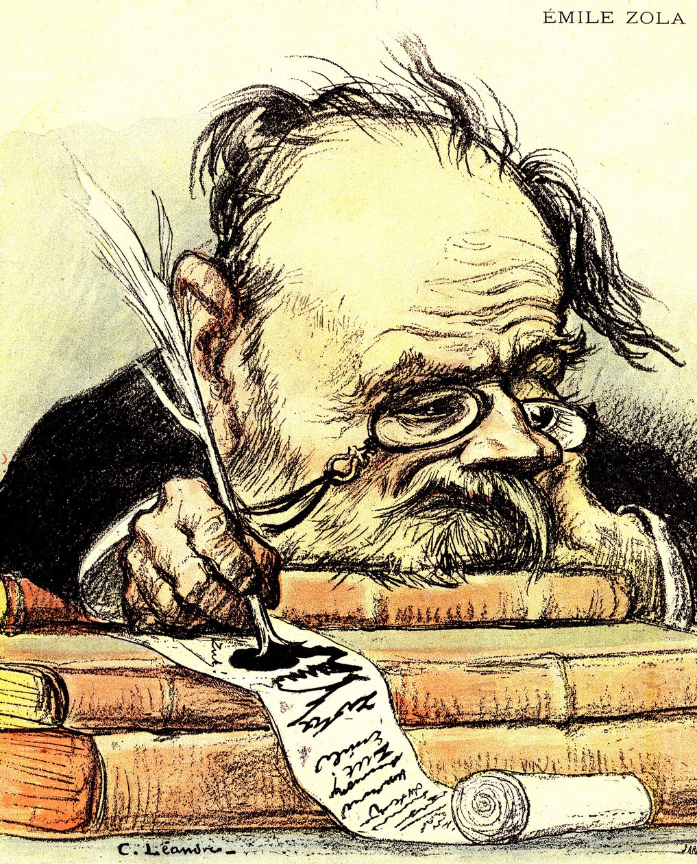 Caricatura de Émile Zola (1840-1902) escrevendo, visivelmente sem inspiração - Ilustração de Charles Leandre em "O Rire" de Charles Leandre
