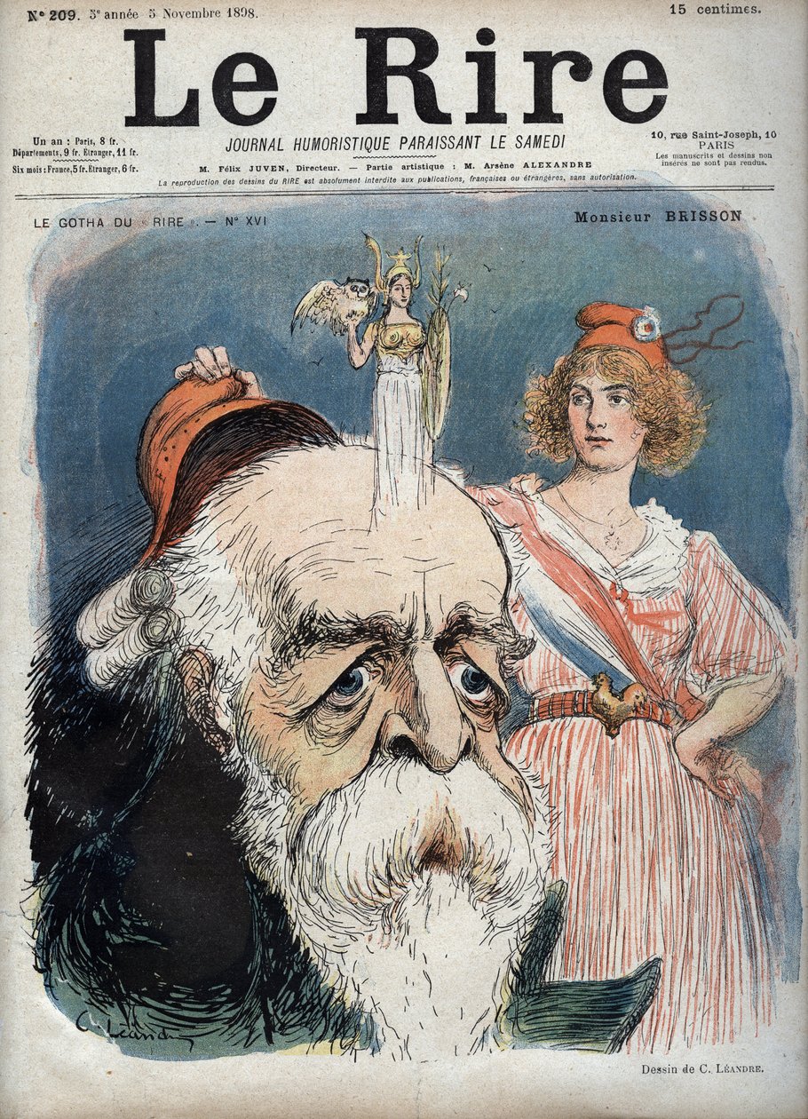 Eugene Henri Brisson (1835-1912), advogado, jornalista e político francês - Marianne levanta um boné vermelho da cabeça de Bresson e da cabeça parece erguer a deusa Atena com todos os atributos - caricatura de Charles Leandre (1862-1934) em "Le Rire" de de Charles Leandre