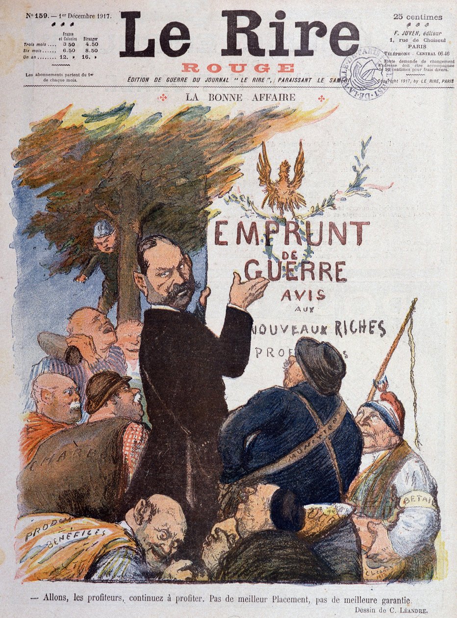 Primeira Guerra Mundial (1914-1918): Desenho animado sobre a promoção do empréstimo de guerra, fonte de renda para os especuladores enriquecidos pelo comércio de carvão, munições e betail - Desenho de Charles Leandre (1862-1934), para a capa do Le Rire Rou de Charles Leandre