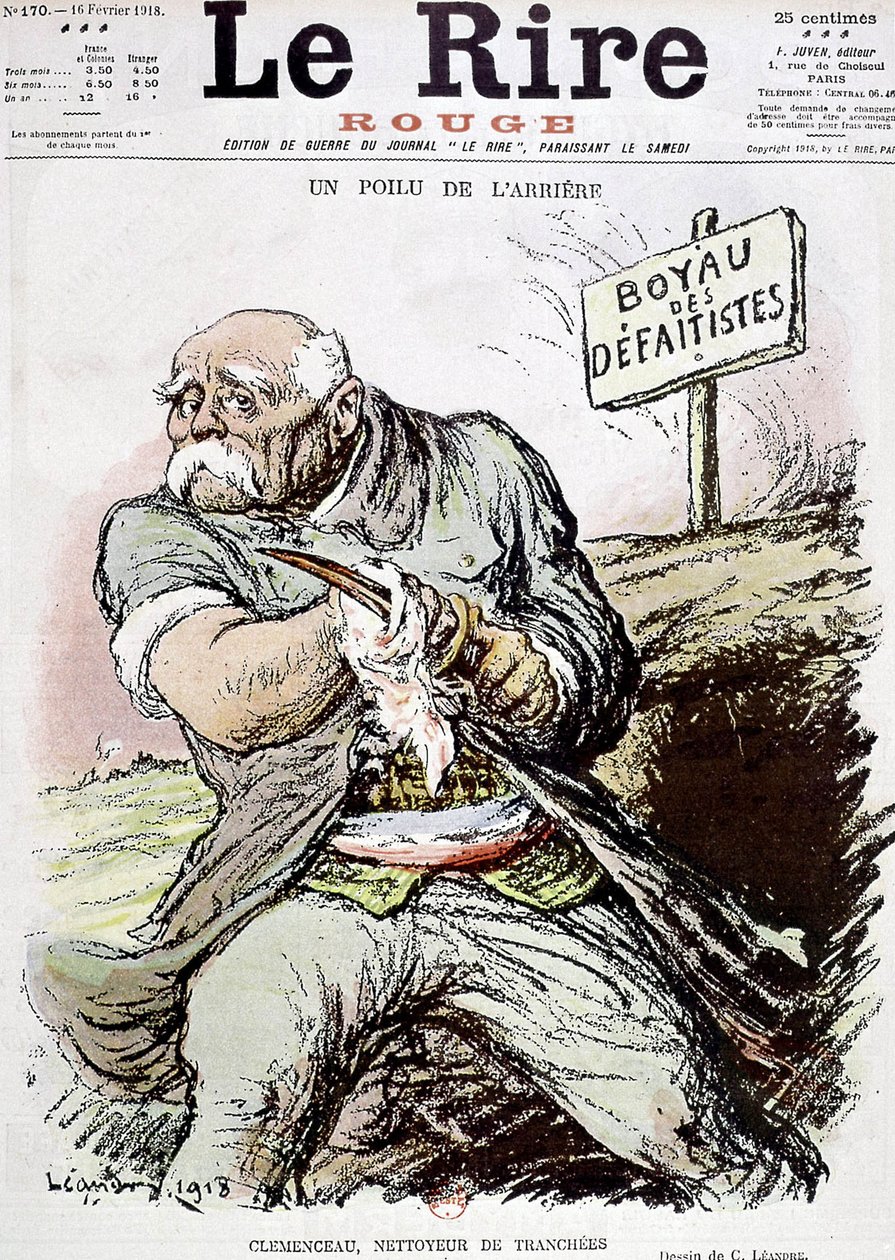 Georges Clemenceau (1841-1929) político francês, desenho animado de Leandre mostrando-o como o limpador das trincheiras, publicado no jornal "Le Rire" de 16 de fevereiro de 1918 de Charles Leandre