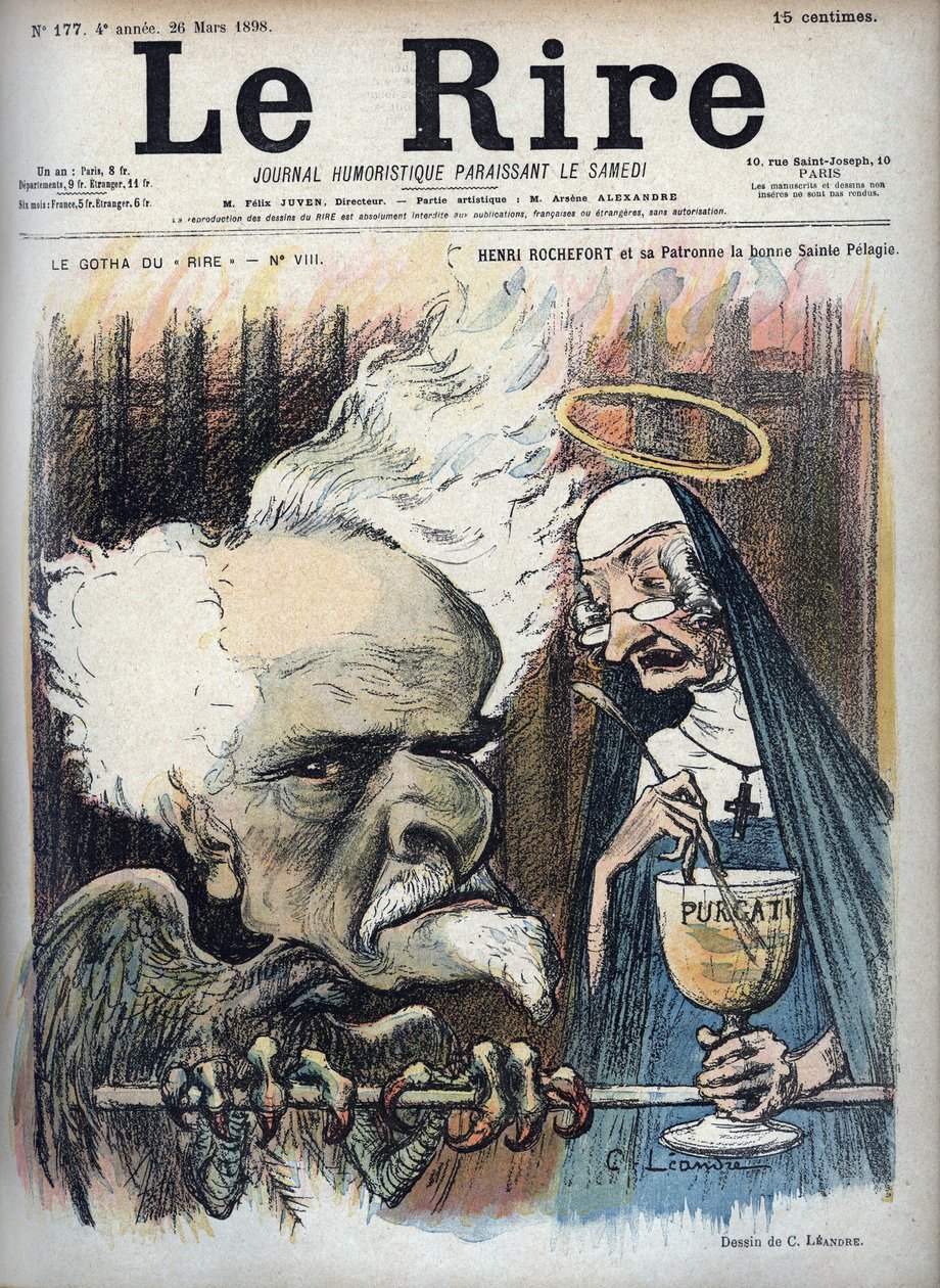 Henri Rochefort e seu santo padroeiro la bonne sainte Pelagie (Prisão de Sainte-Pelagie) - caricatura de Charles Leandre (1862-1934) em "Le Rire" de 26 de Março de 1898 de Charles Leandre