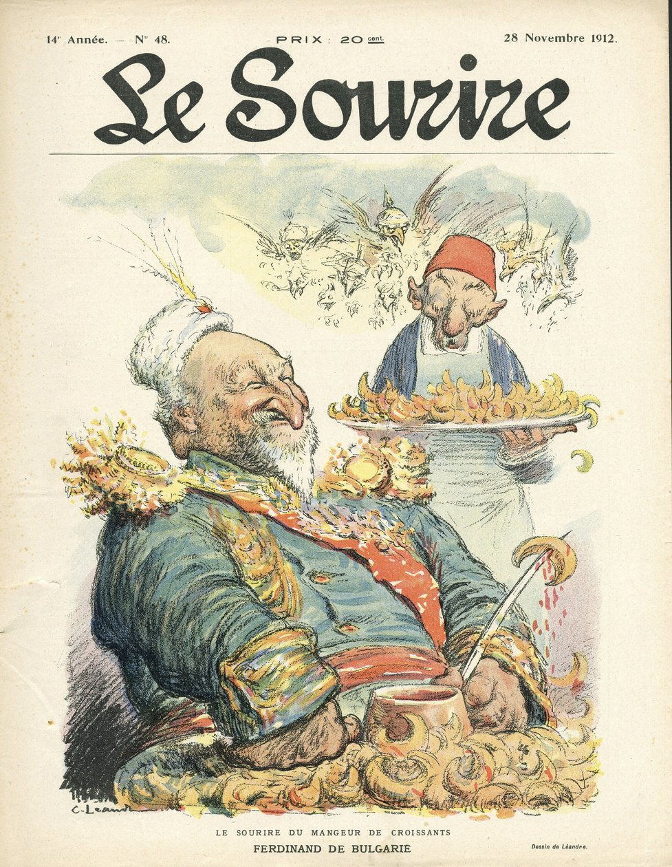 Ilustração de Charles Leandre (1862-1934) para a capa do Le Smile, No. 48, 28/11/12 - O sorriso do comedor de croissants - Turquia, Oriente, Balcãs, Bulgária - Ferdinand de Bulgaria de Charles Leandre