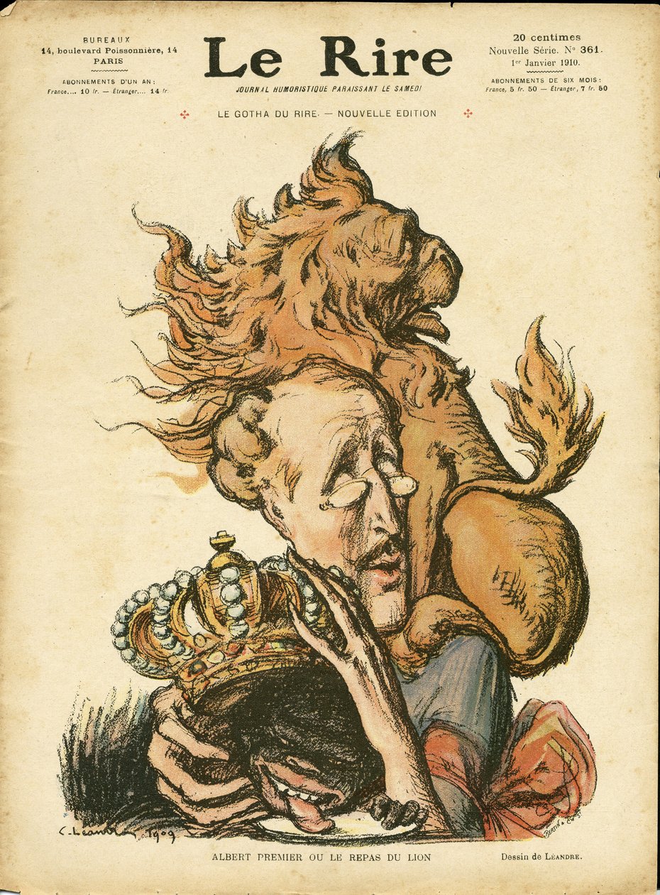 Ilustração de Charles Leandre (1862-1934) em Le Rire, 01/01/10 - Bélgica - Lion/Tiger, Albert 1er (Bélgica) de Charles Leandre