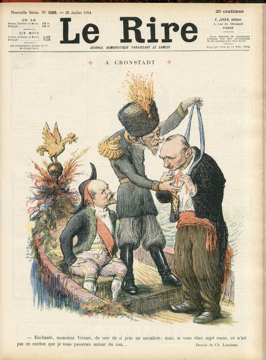 Ilustração de Charles Leandre (1862-1934) para a capa de Le Lire, 25/07/14 - "Encantando Monsieur Viviani para ver tão de perto um socialista, mas se você fosse um súdito russo, não é esse cordão que eu lhe passaria". - A crondstadt - Rússia, Cro de Charles Leandre