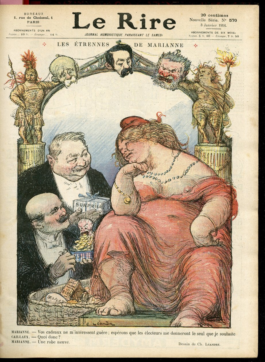 Ilustração de Charles Leandre (1862-1934) para a capa de Le Rire, 03/01/14 - Les strennes de Marianne - Tribuna - Clemenceau George, Jaures Jean, Briand Aristide, Marianne, Caillaux Joseph (1863-1944) de Charles Leandre