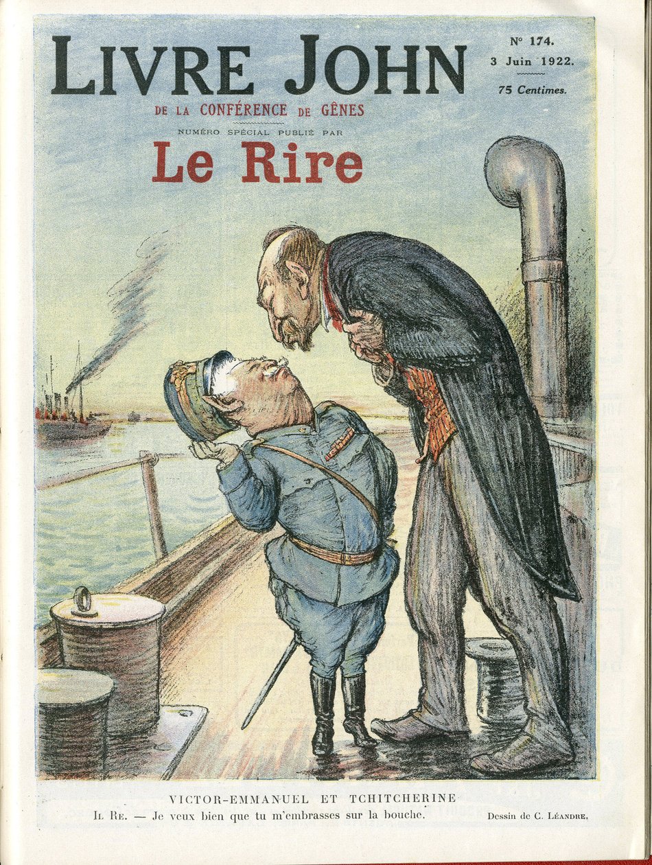 Ilustração de Charles Leandre (1862-1934) para a capa de Le Rire, 22/03/22 - Itália, URSS - Victor Emmanuel 1er, Gueorgui Titcherine (1872-1936) de Charles Leandre