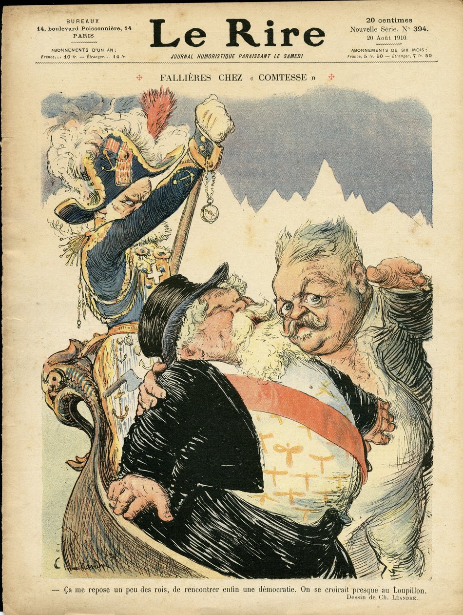Ilustração de Charles Leandre (1862-1934) para a capa de Le Rire, 20/08/10 - Fallieres at the Countess - Italy, President of the Republic, Chapeau, Identifier, Veneza - Fallieres Armand (1841-1931) de Charles Leandre