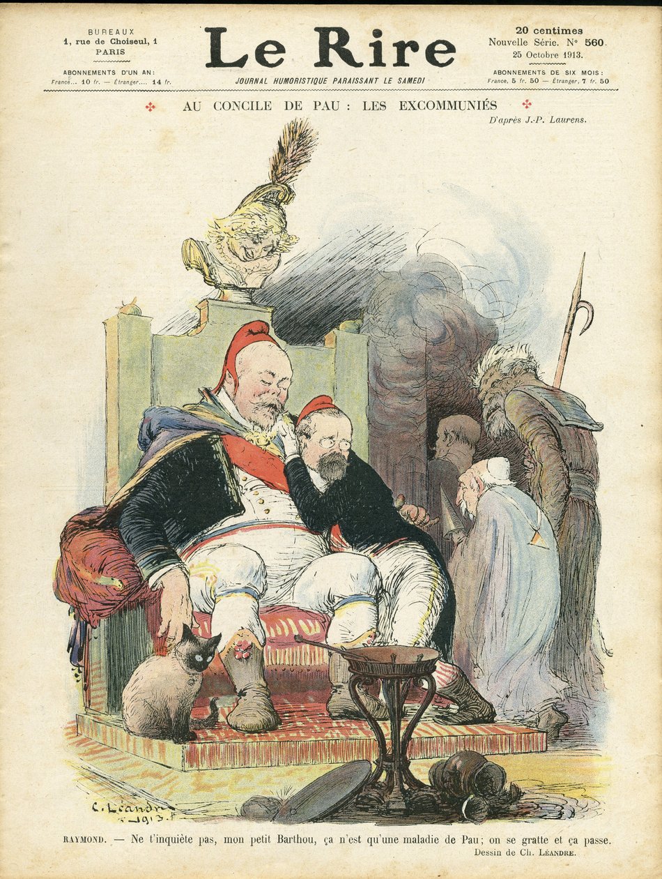 Ilustração de Charles Leandre (1862-1934) para a Capa de Le Rire, 25/10/13 - No Conselho de Pau: as excomunhões - Religião Fé, Presidente da República, Chapeau, Poltrona (símbolo do poder) - Combes Emile (1835-1921), Marianne, Poincare Raymond, de Charles Leandre