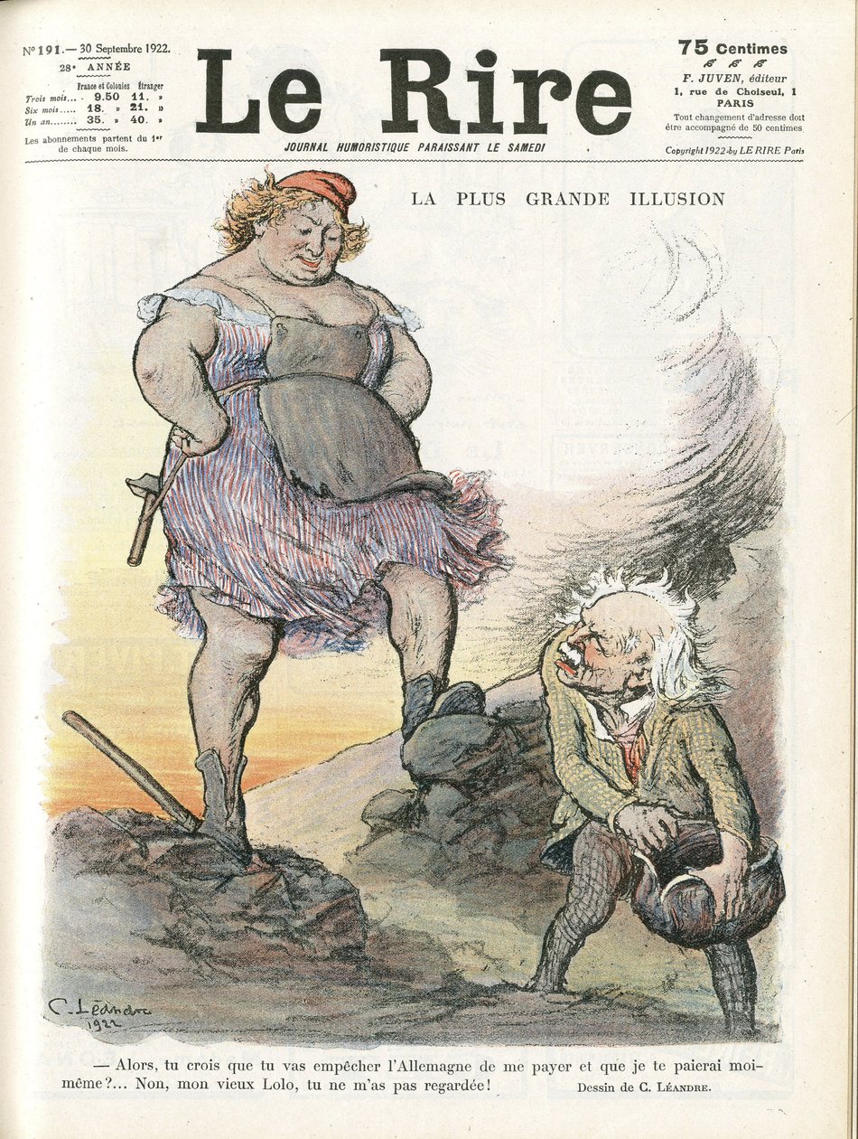 Ilustração de Charles Leandre (1862-1934) para a capa de Le Rire, 30/09/22 - O maior mal-estar - Alemanha Prússia, Inglaterra Grã-Bretanha, Reparações - Marianne, David Lloyd George (1863-1945) - Trivialite de Charles Leandre