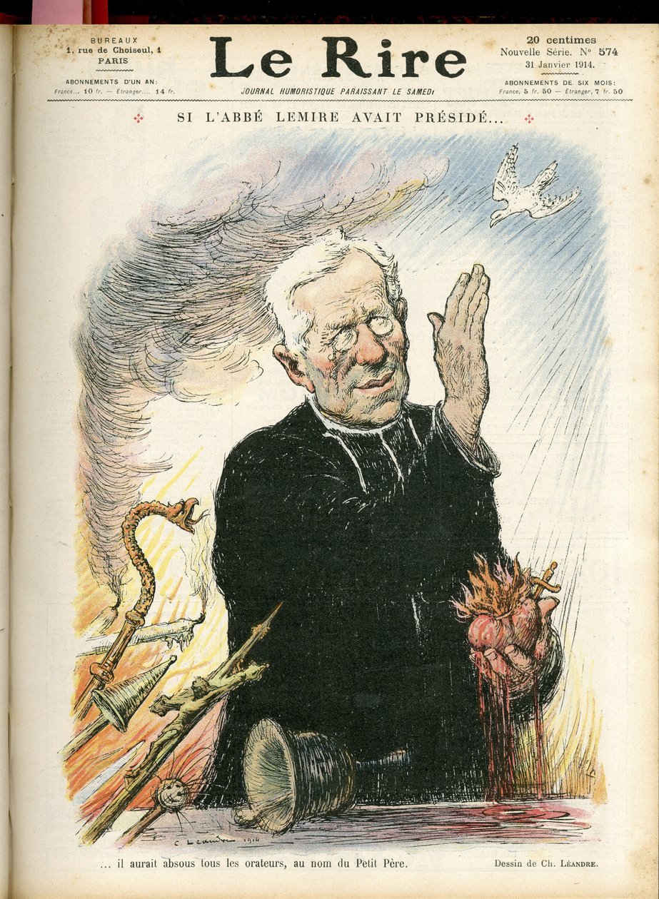 Ilustração de Charles Leandre (1862-1934) para a capa de Le Rire, 31/01/14 - Se Abbe Lemire tivesse presidido... - Religião Fé - Abbe Jules Auguste Lemire (1853-1928) de Charles Leandre