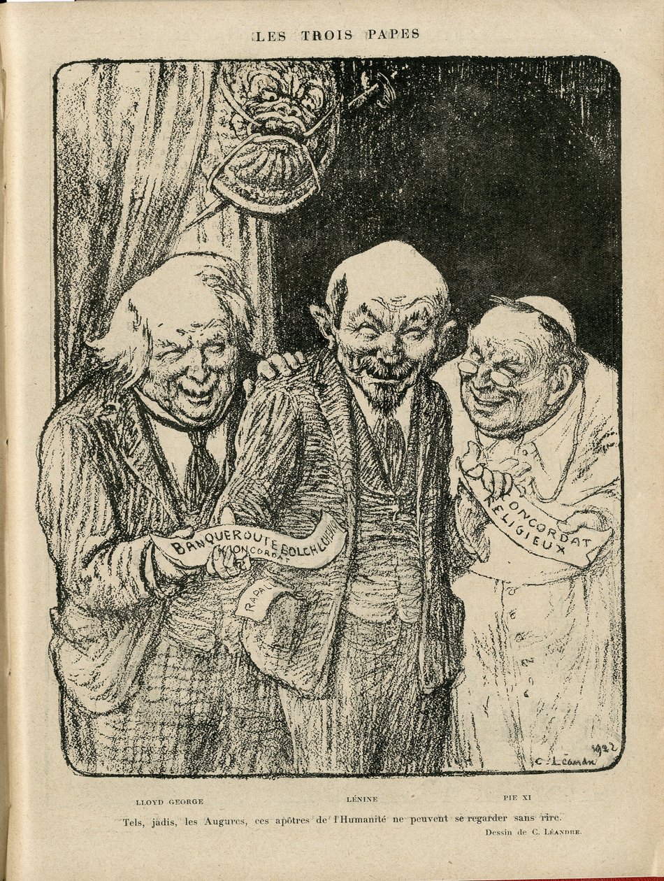 Ilustração de Charles Leandre (1862-1934) em Le Rire, 06/03/22 - Os Três Papas - Inglaterra Grã-Bretanha, U.S.R., Datas de verificação, Reichstag - Lenine, Lloyd George, Pio XI de Charles Leandre