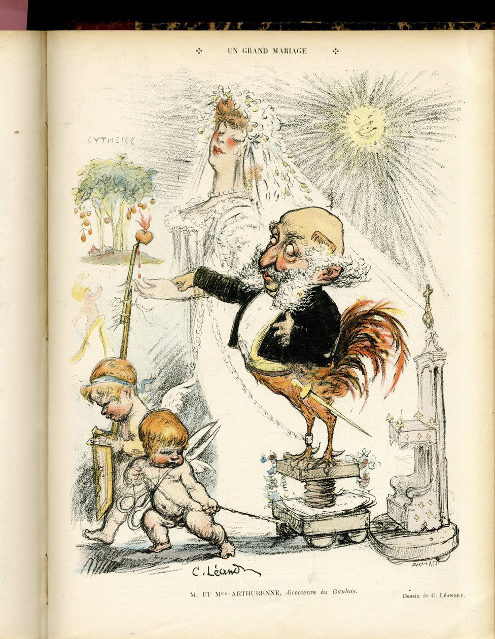 Ilustração de Charles Leandre (1862-1934) em Le Rire, 22/10/04 - Un grand mariage - Casamento - Coq, Meyer Arthur - Animalização de Charles Leandre