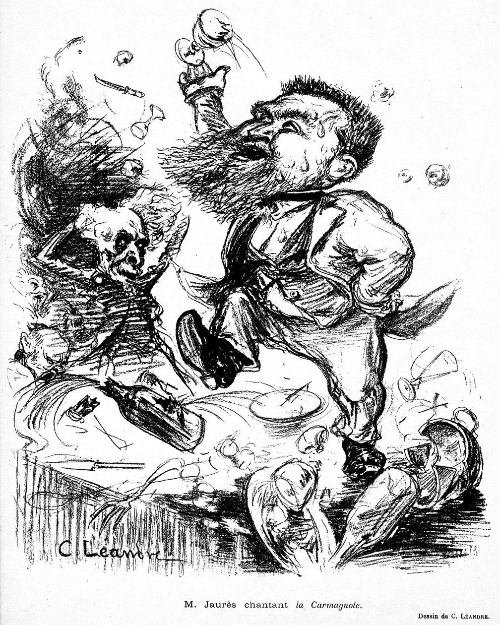 Jean Jaures dançando e cantando Carmagnole sobre uma mesa de banquete (presumivelmente bêbado) imagem em Le Rire n°105 de 7 de novembro de Charles Leandre