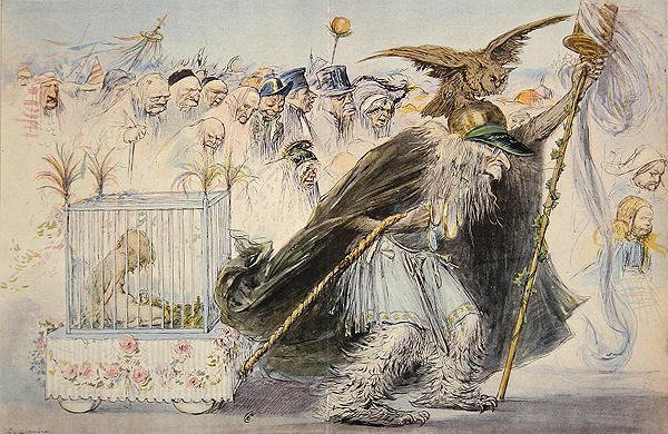 A censura (Madame Anastasie) arrasta o amor para a prisão, seguida pela coorte dos bien-pensanatos de Charles Leandre